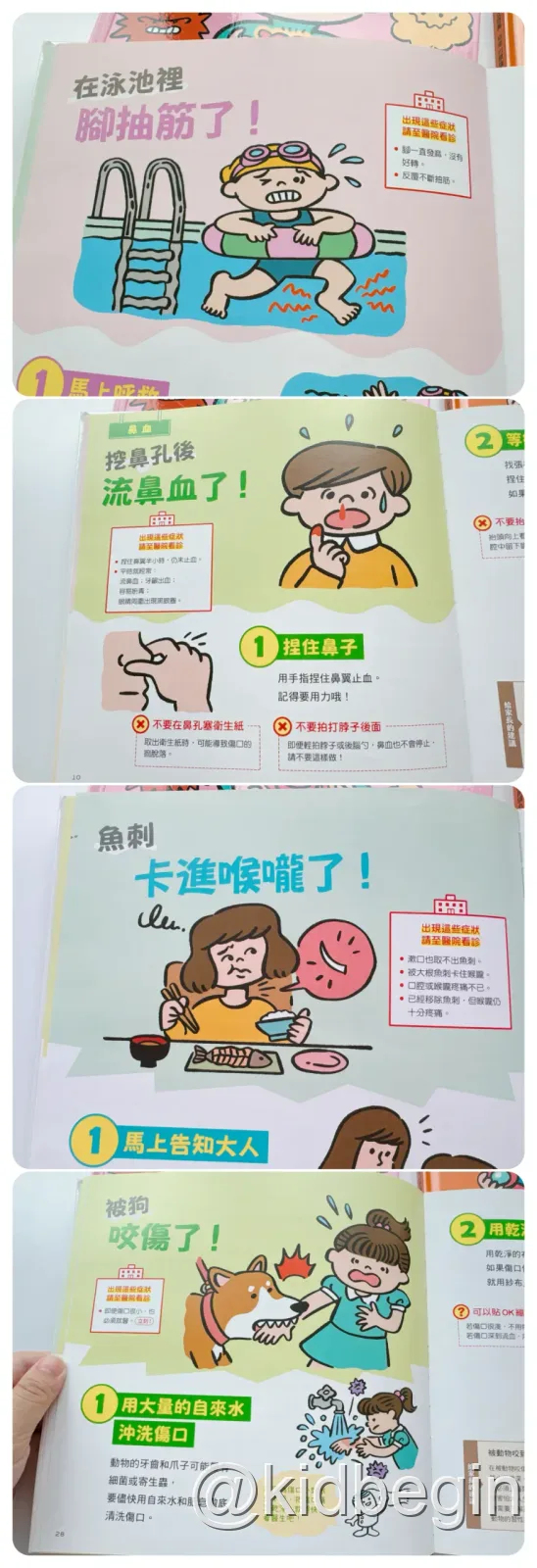 腳抽筋、流鼻血、魚刺及被狗咬傷的書頁實拍拼接